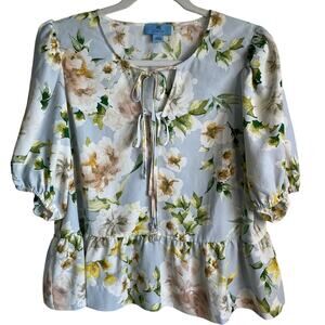 CeCe Peplum Top Puff Sleeves Tie Front Neck Blue Floral Sz L Fairycore Cottage